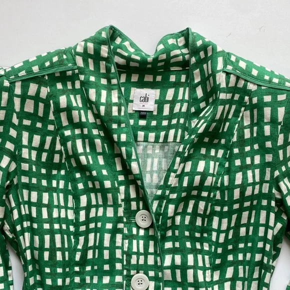 CAbi Green and White Checkered Jacket Tie Waist Shoulder Pads Medium - Picture 3 of 7